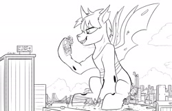 Size: 2500x1607 | Tagged: safe, artist:tsitra360, oc, oc:prince cimex, changeling, pony, bridge, city, destruction, giant changeling, hoof hold, macro, manehattan, mega giant, prince cimex the giant changeling, sitting, sketch, statue, statue of friendship