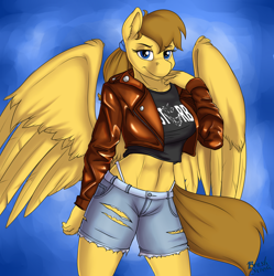 Size: 3316x3335 | Tagged: safe, artist:brushstroke, oc, oc only, pegasus, anthro, abs, belly button, clothes, commission, ear fluff, female, high res, jacket, looking at you, midriff, panties, pegasus oc, shirt, shorts, smiling, smiling at you, solo, thong, underwear, wings