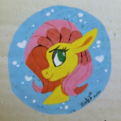 Size: 3024x3024 | Tagged: safe, artist:binkyt11, derpibooru exclusive, fluttershy, pegasus, pony, g4, bust, cardboard, female, heart, high res, long ears, mare, solo, traditional art