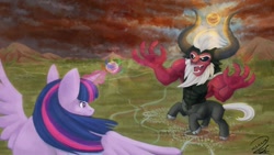 Size: 1024x576 | Tagged: safe, artist:alidythera, lord tirek, twilight sparkle, alicorn, centaur, pony, g4, twilight's kingdom, female, fight, glowing horn, horn, magic, male, mare, open mouth, scene interpretation, spread wings, twilight sparkle (alicorn), twilight vs tirek, wings