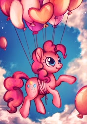 Size: 1024x1449 | Tagged: safe, artist:sprucie, pinkie pie, earth pony, pony, balloon, cloud, cute, diapinkes, female, floating, heart balloon, mare, sky, smiling, solo, then watch her balloons lift her up to the sky