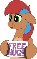 Size: 625x1000 | Tagged: safe, artist:redquoz, oc, oc only, oc:allegra mazarine, pegasus, pony, blue mane, brown feathers, chest fluff, colored hooves, cowlick, cream feathers, female, free hugs, green eyes, hidden wings, holding sign, mare, pegasus oc, red mane, sign, simple background, smiling, solo, torso, transparent background, two toned mane, wings