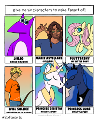 Size: 1005x1200 | Tagged: safe, artist:aquaticassassin, fluttershy, princess celestia, princess luna, alicorn, human, pegasus, pony, g4, banjo kazooie, bow (weapon), bust, clothes, crossover, eyes closed, female, jewelry, male, mare, percy jackson, peytral, six fanarts, tiara, warcraft, world of warcraft