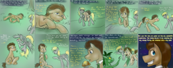 Size: 3724x1480 | Tagged: safe, artist:jitterbugjive, derpy hooves, doctor whooves, time turner, earth pony, pegasus, pony, ask discorded whooves, lovestruck derpy, g4, amnesia, bed, butter, comic, crossover, doctor who, eyes closed, female, first meeting, flower, food, herbivore, horses doing horse things, hybrid pony, implied regeneration, male, mare, muffin, necktie, origins, silurian, sleeping, space, stallion, the doctor, time lord, tumblr comic