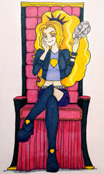 Size: 375x625 | Tagged: safe, artist:metalamethyst, adagio dazzle, equestria girls, g4, alternate clothes, boots, crossed legs, evil smile, grin, hand on head, jojo's bizarre adventure, phantom blood, shoes, sitting, smiling, smug, spiked headband, spiked wristband, stone mask, the dazzlings, thigh boots, throne, traditional art, wristband