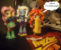 Size: 1500x1237 | Tagged: safe, artist:grapefruitface1, fluttershy, sunset shimmer, trixie, equestria girls, g4, caught, chips, doll, equestria girls minis, food, frazzles, implied eating, photography, toy