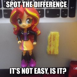 Size: 1200x1200 | Tagged: safe, artist:grapefruitface1, sunset shimmer, equestria girls, chips, doll, equestria girls minis, food, frazzles, meme, photography, solo, spot the difference, toy
