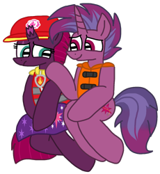 Size: 986x1073 | Tagged: safe, artist:徐詩珮, fizzlepop berrytwist, tempest shadow, oc, oc:transparent (tempest's father), series:sprglitemplight diary, series:sprglitemplight life jacket days, series:springshadowdrops diary, series:springshadowdrops life jacket days, g4, aid marshall (paw patrol), alternate universe, clothes, father and child, father and daughter, female, lifejacket, male, marshall (paw patrol), paw patrol, sad, simple background, transparent background