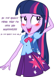 Size: 9282x13159 | Tagged: safe, artist:alandssparkle, twilight sparkle, equestria girls, g4, my little pony equestria girls, absurd resolution, arm behind head, backpack, blushing, bronybait, clothes, cute, cutie mark, cutie mark on clothes, dialogue, female, pleated skirt, simple background, skirt, solo, talking to viewer, transparent background, twiabetes, twilight sparkle (alicorn), vector