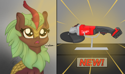 Size: 2020x1200 | Tagged: safe, artist:soctavia, cinder glow, summer flare, kirin, g4, amazed, angle grinder, big eyes, dialogue, female, in awe, light rays, mare, marewaukee, misleading thumbnail, open mouth, solo, text, want, wide eyes, woah