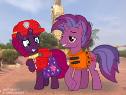 Size: 1440x1080 | Tagged: safe, artist:徐詩珮, fizzlepop berrytwist, tempest shadow, oc, oc:transparent (tempest's father), series:sprglitemplight diary, series:sprglitemplight life jacket days, series:springshadowdrops diary, series:springshadowdrops life jacket days, g4, alternate universe, clothes, father and child, father and daughter, female, lifejacket, male, marshall (paw patrol), paw patrol