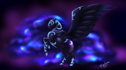 Size: 920x516 | Tagged: safe, artist:igglypou, nightmare moon, alicorn, horse, pony, g4, cutie mark, digital art, draft horse, female, hoers, horn, mare, solo, spread wings, wings