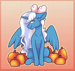 Size: 1300x1227 | Tagged: safe, artist:crystalsketch342, oc, oc only, oc:fleurbelle, alicorn, pony, alicorn oc, bow, female, hair bow, halloween, holiday, horn, mare, orange background, pumpkin, simple background, sitting, smiling, solo, wings, yellow eyes