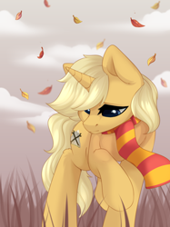 Size: 2048x2732 | Tagged: safe, artist:alphadesu, oc, oc only, oc:sunlight bolt, pony, unicorn, autumn, clothes, high res, leaves, outdoors, scarf