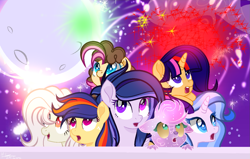 Size: 1365x866 | Tagged: safe, artist:whiteplumage233, oc, oc only, oc:gentle breeze, hybrid, pony, unicorn, base used, female, fireworks, interspecies offspring, mare, moon, movie accurate, offspring, parent:cheese sandwich, parent:discord, parent:flash sentry, parent:fluttershy, parent:pinkie pie, parent:twilight sparkle, parents:cheesepie, parents:discoshy, parents:flashlight