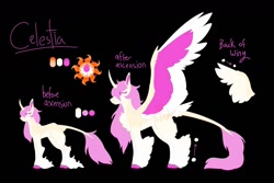 Size: 1280x854 | Tagged: safe, artist:lepiswerid, princess celestia, alicorn, pony, unicorn, g4, black background, cloven hooves, colored hooves, colored wings, cutie mark, leg fluff, leonine tail, race swap, redesign, reference sheet, simple background, solo, tail feathers, unicorn celestia, wings