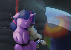Size: 2000x1405 | Tagged: safe, artist:crabs_of_steam, smarty pants, twilight sparkle, pony, unicorn, g4, apocalypse, colored, destruction, doll, duo, eyes closed, female, filly, madeon, monitor, planet, porter robinson, science fiction, screen, shelter, sleeping, space, toy