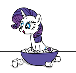 Size: 636x616 | Tagged: safe, artist:buttonmash, rarity, pony, unicorn, g4, bowl, cute, female, food, marshmallow, open mouth, rarity is a marshmallow, simple background, sitting, smiling, solo, white background