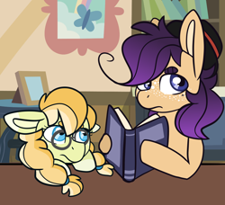 Size: 1392x1272 | Tagged: safe, artist:greyestgray, oc, oc only, oc:anjou smith, oc:honey gold, earth pony, pony, ambiguous gender, book, female, filly, glasses, hat, magical lesbian spawn, offspring, parent:applejack, parent:rarity, parents:rarijack