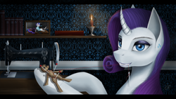 Size: 3920x2205 | Tagged: safe, artist:dezdark, rarity, pony, unicorn, g4, bookshelf, bust, candle, curved horn, cutie mark accessory, cutie mark earrings, ear piercing, earring, female, high res, horn, jewelry, mare, piercing, pins, portrait, sewing machine, sewing needle, solo, voodoo doll, wallpaper