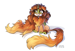 Size: 3431x2376 | Tagged: safe, artist:gicme, oc, oc only, kirin, pony, big eyes, cloven hooves, coat markings, digital art, eyebrows, eyebrows visible through hair, facial markings, floppy ears, fluffy, high res, long hair, long mane, long tail, pale belly, seat, simple background, sitting, snip (coat marking), tail, tongue out, transparent background, wingding eyes