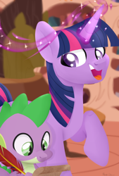 Size: 1070x1584 | Tagged: safe, artist:shiny-dust, spike, twilight sparkle, dragon, pony, g4, duo, female, glowing horn, golden oaks library, happy, horn, magic, magic aura, male, mare, open mouth, quill