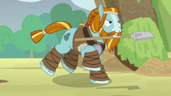 Size: 1920x1080 | Tagged: safe, screencap, rockhoof, earth pony, pony, g4, the ending of the end, male, mouth hold, rockhoof's shovel, shovel, solo, stallion