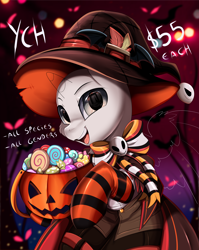 Size: 2550x3209 | Tagged: safe, artist:pridark, oc, oc only, pony, advertisement, any gender, any species, bow, bowtie, bust, candies, clothes, commission, halloween, hat, high res, holiday, portrait, pumpkin, socks, solo, striped socks, ych sketch, your character here