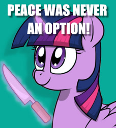 Size: 457x501 | Tagged: safe, artist:strebiskunk, edit, twilight sparkle, pony, g4, caption, cropped, image macro, knife, peace was never an option, solo, text, this will end in pain and/or death, untitled goose game