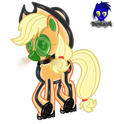 Size: 3840x4154 | Tagged: safe, artist:damlanil, applejack, earth pony, pony, g4, boots, clothes, collar, commission, cowboy hat, cutie mark collar, female, gas mask, hat, heart, heart eyes, latex, looking at you, mare, mask, raised hoof, rubber, rubber drone, shiny, shiny mane, shoes, show accurate, simple background, solo, transformation, transparent background, vector, wingding eyes