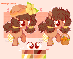 Size: 4000x3240 | Tagged: safe, artist:2pandita, oc, oc only, oc:orange juice, earth pony, pony, basket, clothes, female, filly, hat, reference sheet, socks, solo, striped socks