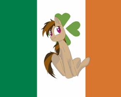 Size: 1024x820 | Tagged: safe, artist:puppysoftpaws, oc, oc only, oc:cupcake slash, earth pony, pony, female, flag, ireland, sitting, solo