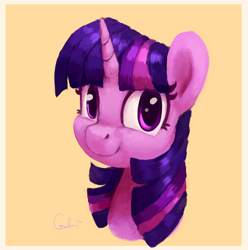 Size: 2676x2700 | Tagged: safe, artist:aemuhn, twilight sparkle, pony, g4, bust, cute, female, high res, mare, portrait, simple background, solo, twiabetes, yellow background