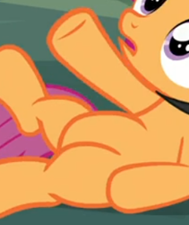Size: 265x314 | Tagged: safe, screencap, scootaloo, pegasus, pony, g4, marks for effort, belly, cropped, helmet, lying down, open mouth, pictures of bellies, solo