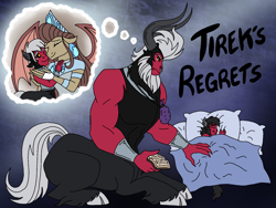 Size: 2048x1536 | Tagged: safe, artist:melspyrose, lord tirek, queen haydon, oc, oc:prince torak, centaur, gargoyle, g4, spoiler:comic, bed, bracer, cloven hooves, colored hooves, cute, daddy tirek, dream, eyes closed, father and child, father and son, male, nose piercing, nose ring, papa tirek, piercing, septum piercing, sleeping, thinking, tirebetes