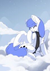 Size: 2480x3508 | Tagged: safe, artist:arctic-fox, oc, oc only, oc:snow pup, pegasus, pony, boop, chest fluff, clothes, cloud, eyes closed, female, giggling, high res, mare, on a cloud, scarf, self-boop, sitting, sitting on a cloud, solo, spread wings, stars, wings