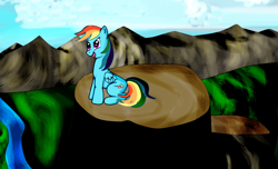 Size: 2320x1412 | Tagged: safe, artist:almaustral, rainbow dash, pegasus, pony, g4, backwards cutie mark, cloud, female, mare, outdoors, river, solo