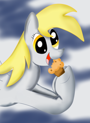 Size: 2521x3440 | Tagged: safe, artist:almaustral, derpy hooves, pegasus, pony, g4, female, food, high res, hoof hold, mare, muffin, open mouth, smiling, solo