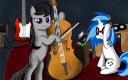 Size: 3500x2189 | Tagged: safe, artist:almaustral, dj pon-3, octavia melody, vinyl scratch, earth pony, pony, unicorn, g4, bow (instrument), cello, duo, female, high res, mare, musical instrument, sunglasses