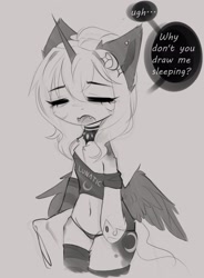 Size: 1508x2048 | Tagged: safe, artist:magnaluna, princess luna, alicorn, pony, semi-anthro, belly button, breaking the fourth wall, clothes, eyes closed, gray background, hoof shoes, jewelry, leg fluff, open mouth, pillow, regalia, simple background, sleepy, socks, solo, striped socks, striped underwear, tired, underwear
