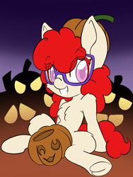 Size: 1536x2048 | Tagged: safe, artist:steelsoul, twist, earth pony, pony, g4, chest fluff, female, filly, food, glasses, halloween, hat, holiday, pumpkin, pumpkin hat, smiling, strategically covered
