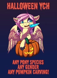 Size: 1498x2048 | Tagged: safe, artist:banoodle, fluttershy, pegasus, pony, g4, halloween, holiday, knife, mouth hold, nightmare night, pumpkin, solo, ych example, your character here