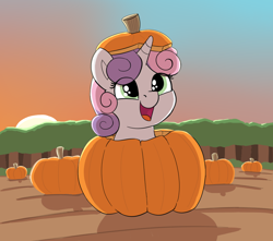 Size: 1124x994 | Tagged: safe, artist:heretichesh, sweetie belle, pony, unicorn, g4, autumn, bush, cute, daaaaaaaaaaaw, diasweetes, eye clipping through hair, female, field, filly, forest, happy, hnnng, open mouth, ponies in food, pumpkin, pumpkin patch, smiling, smoltober, solo, sunset, tree, weapons-grade cute