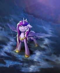 Size: 579x701 | Tagged: safe, artist:breakdream, princess cadance, alicorn, pony, g4, chest fluff, crown, cute, cutedance, eyebrows, eyebrows visible through hair, eyes closed, female, hoof shoes, jewelry, mare, rain, regalia, smiling, solo, spread wings, tiara, water, wet, wet mane, wings