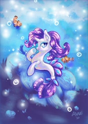 Size: 1240x1754 | Tagged: safe, artist:avui, rarity, sea pony, seapony (g4), unicorn, g4, blue background, blue eyes, blue mane, blue tail, bubble, clownfish, crepuscular rays, cute, digital art, dorsal fin, ear fluff, eyelashes, eyeshadow, female, fin, fish tail, flowing mane, flowing tail, gem, happy, horn, jewelry, looking at you, makeup, mare, necklace, ocean, pearl necklace, pretty, raribetes, scales, seaponified, seapony rarity, seaweed, signature, simple background, smiling, smiling at you, solo, species swap, sunlight, swimming, tail, teeth, underwater, water