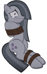 Size: 463x714 | Tagged: safe, artist:radiantrealm, edit, marble pie, earth pony, pony, g4, background removed, bondage, bound and gagged, crying, female, femsub, gag, marblesub, mare, rope, rope bondage, simple background, solo, submissive, tape, tape gag, tied up, transparent background