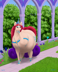 Size: 960x1200 | Tagged: safe, artist:soobel, idw, princess amore, pony, unicorn, g4, belly, big belly, crown, eyeshadow, fat, female, flower, grass, jewelry, looking at you, makeup, mare, raised hoof, regalia, solo, underhoof