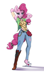 Size: 1244x2048 | Tagged: safe, artist:skitsroom, pinkie pie, earth pony, anthro, plantigrade anthro, g4, alternate hairstyle, arm behind head, boots, candy, choker, clothes, eyebrow piercing, female, food, heel pop, high heel boots, high heels, jeans, knee-high boots, leopard print, leotard, lollipop, looking at you, mismatched footwear, mismatched shoes, mouth hold, pants, piercing, punk, ripped jeans, scar, shirt, shoes, simple background, slippers, solo, spiked choker, tail wrap, undercut, white background