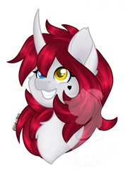 Size: 1080x1440 | Tagged: safe, artist:silentwolf-oficial, oc, oc only, pony, unicorn, bust, chest fluff, grin, heterochromia, horn, obtrusive watermark, signature, simple background, smiling, solo, transparent background, unicorn oc, watermark