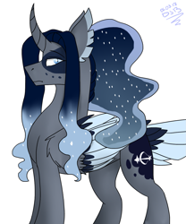 Size: 1285x1545 | Tagged: safe, artist:toptian, oc, oc only, oc:artemis, alicorn, pony, pandoraverse, alicorn oc, curved horn, ethereal mane, horn, interspecies offspring, offspring, parent:oc:daedalus ravenwing, parent:princess luna, parents:canon x oc, signature, simple background, solo, starry mane, white background, wings
